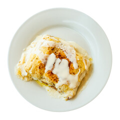 Portion of cannelloni stuffed with minced beef, covered with sauce. Isolated over white background