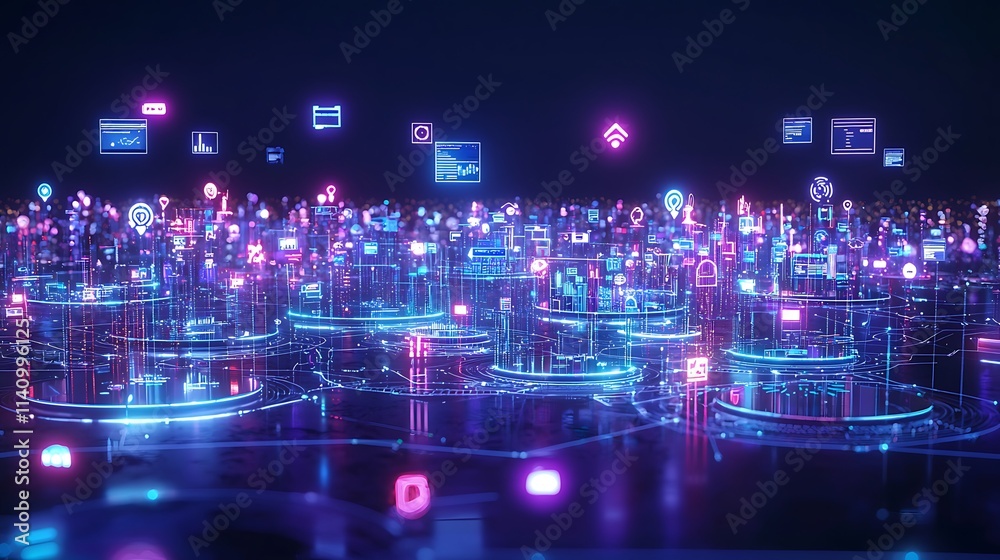 Poster Futuristic cityscape with glowing digital icons and data streams.