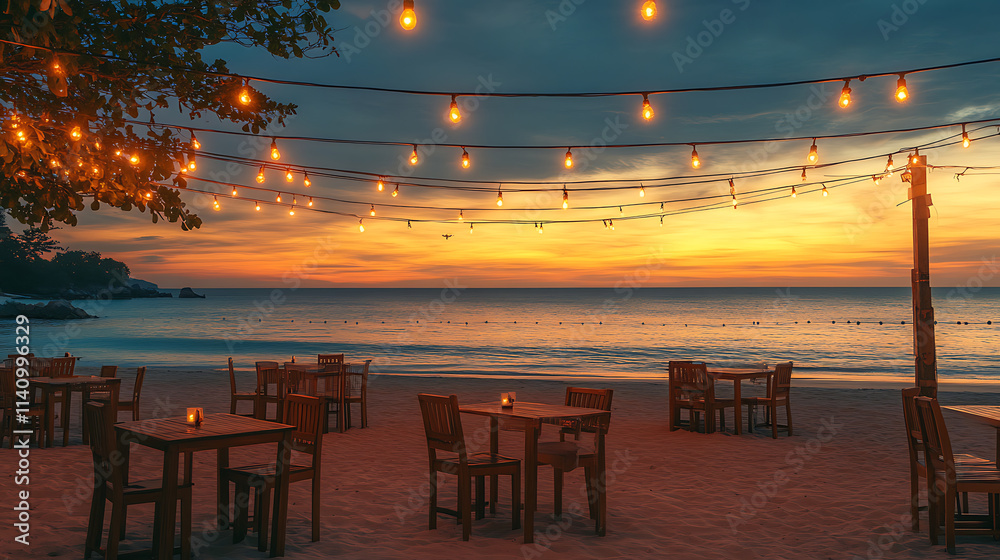 Poster string lights hanging over beachside tables at sunset