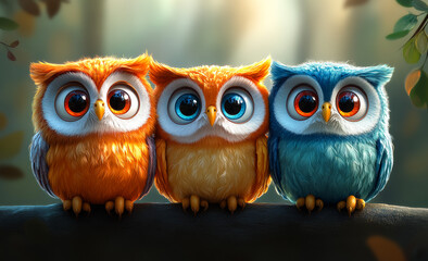 Three owls are sitting on a branch, one of which is blue. The other two are orange