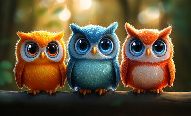 Three owls are perched on a branch, each with a different color. One is orange, one is blue, and one is red. They all have big eyes and seem to be looking at the camera