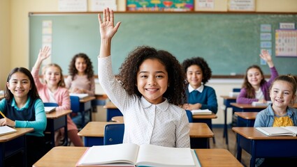 happy girl raising her hand in the classroom, eager to participate and engage in learning, symbolizing enthusiasm, curiosity, and a love for education