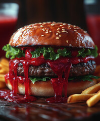 Smacznie wyglądający burger z frytkami i wypływającym sosem