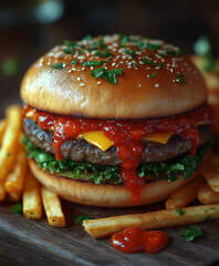 Smacznie wyglądający burger z frytkami i wypływającym sosem