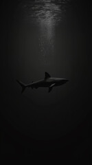A black and white photo of a shark in the ocean. The image is dark and moody, with the shark taking up most of the frame. The shark appears to be swimming in the water, with the water surrounding it