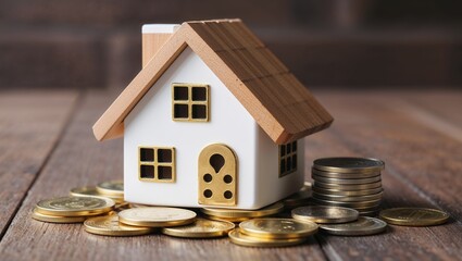 house and money coins representing a loan and mortgage concept, symbolizing financial investment, homeownership, and the cost of securing a property