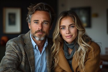 Fototapeta premium Portrait of a couple sitting together, man wearing a tweed blazer and woman in a scarf, cozy and elegant indoor atmosphere, soft lighting, lifestyle photography, warm and relaxed expression
