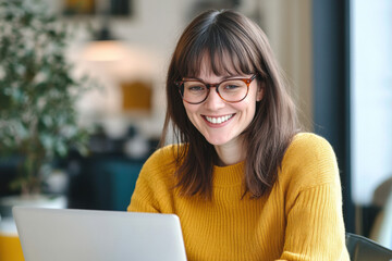 Portrait of happy business woman wearing glasses at workplace in office. Young handsome female worker using modern laptop
