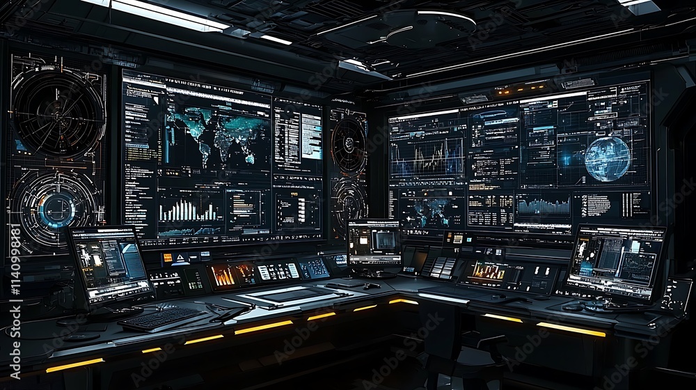 Poster Futuristic control room with multiple screens displaying data, charts, and maps.