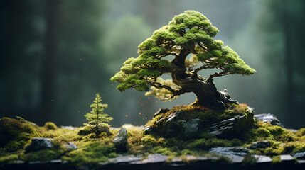 Fototapeta premium Traditional japanese bonsai miniature tree in a ceramic pot, with garden background