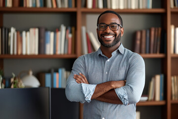 Cheerful confident african young businessman standing at home office, portrait
