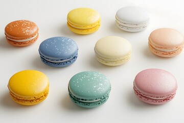 Obraz premium Assortment of macarons in various colors on a white background