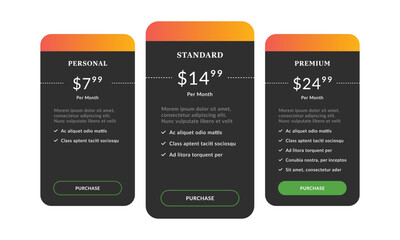Web template for pricing plans or subscriptions. Product and price comparison table. UI kit vector.