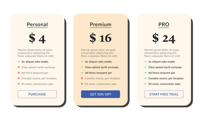 Web template for pricing plans or subscriptions. Product and price comparison table. UI kit vector.