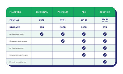 Web template for pricing plans or subscriptions. Product and price comparison table. UI kit vector.