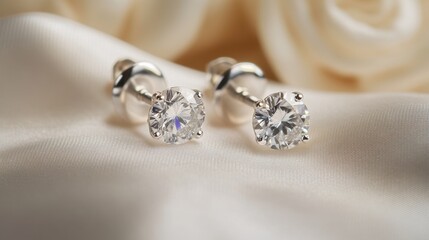 Elegant Silver Stud Earrings with Brilliant Round Diamonds Displayed