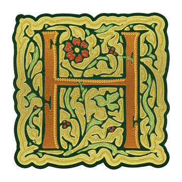Letter H embroidered ornamental initial capital patch isolated on transparent background