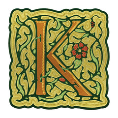 Letter K embroidered ornamental initial capital patch isolated on transparent background