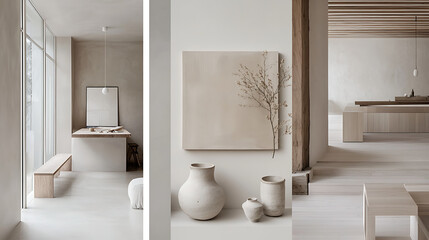 Mood board for a white, natural color, minimalist, light pine wood architectural project