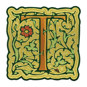 Letter T embroidered ornamental initial capital patch isolated on transparent background