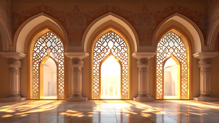 Fototapeta premium Muslim icons and ramadan kareem mosque graphics: oriental arches, doors, and windows