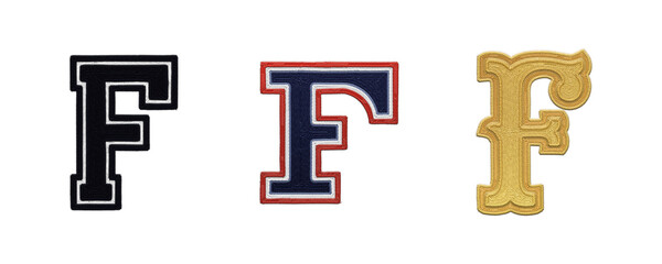 Letter F embroidery patches in various typographic styles isolated on transparent background