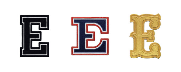 Letter E embroidery patches in various typographic styles isolated on transparent background