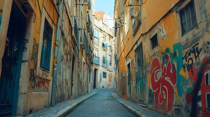 Fototapeta premium Narrow alleyway with buildings on either side is covered in colorful and artistic graffiti