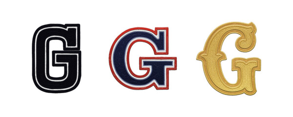 Letter G embroidery patches in various typographic styles isolated on transparent background