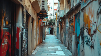 Narrow alleyway with buildings on either side is covered in colorful and artistic graffiti