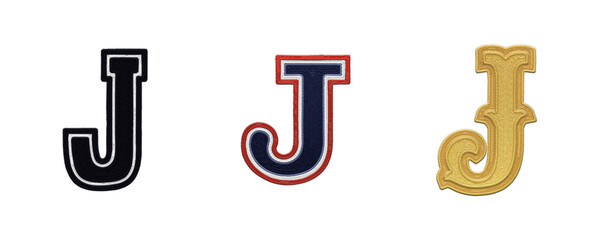 Letter J embroidery patches in various typographic styles isolated on transparent background