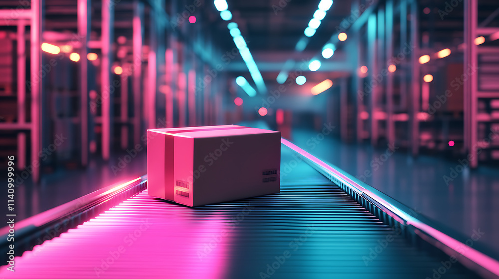 Poster Neon-lit priority package on futuristic conveyor belt in vibrant warehouse setting