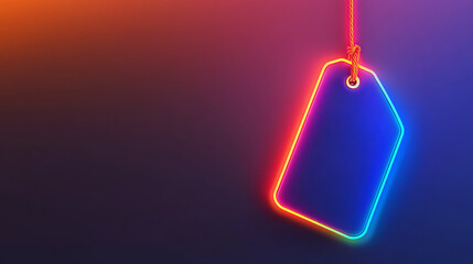 Neon price tag is hanging on a string with glowing edges and copy space on a gradient background