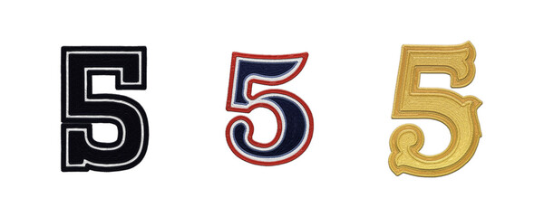 Number 5 embroidery patches in various typographic styles isolated on transparent background