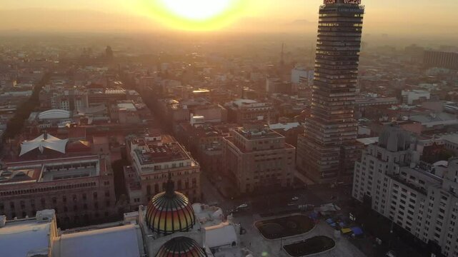 Aerial drone shot of sunrise in Mexico City, the capital of Mexico. Ciudad de Mexico skyline