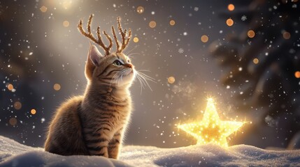 Cat wearing reindeer antlers sitting beside a glowing Christmas star decoration.