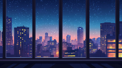 Nighttime city skyline viewed through large windows, with buildings glowing in warm tones against a deep blue sky