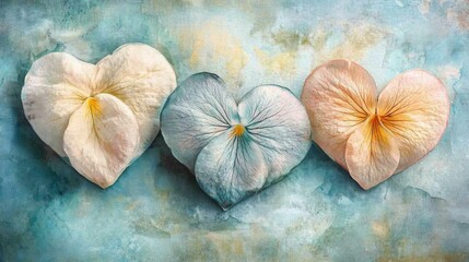 Three Heart Shaped Pansy Petals on Teal Background