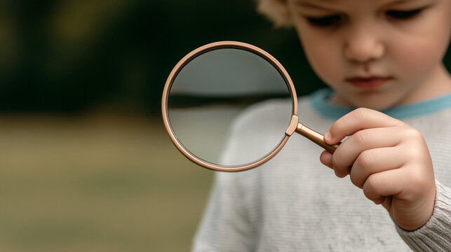 A curious child peers into the world around him with a magnifying glass, demonstrating the joy of discovery and learning. - Powered by Adobe