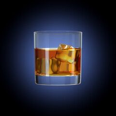 Whiskey on accent gradient background. Bar theme. Tumbler glass. Alcoholic drink. 3d rendering.