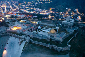 Aerial view of old ruin of Rabati castle and city center in Akhaltsikhe in the spring evening, Georgia