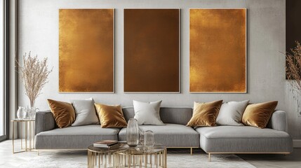 Modern Living Room Decor with Golden Abstract Triptych