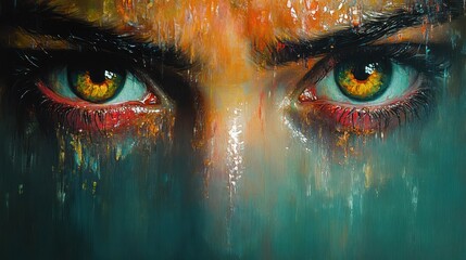 Naklejka premium Angry eyes, intense gaze, textured oil painting.