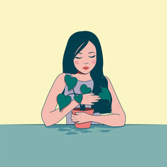 Vector illustration of a girl sitting at a table, embracing heart-shaped green leaves of her favorite potted plant. Cute plant lover and nature enthusiast.
