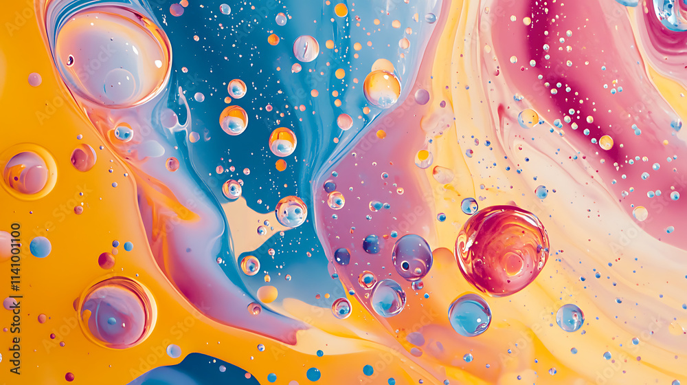 Poster oil droplets floating in yellow liquid, the image showcases a vibrant and dynamic abstract pattern w