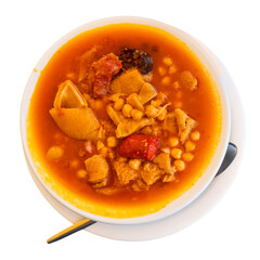 National Spanish dish tripe Callos a la Gallega - thick broth with chickpeas. Isolated over white background