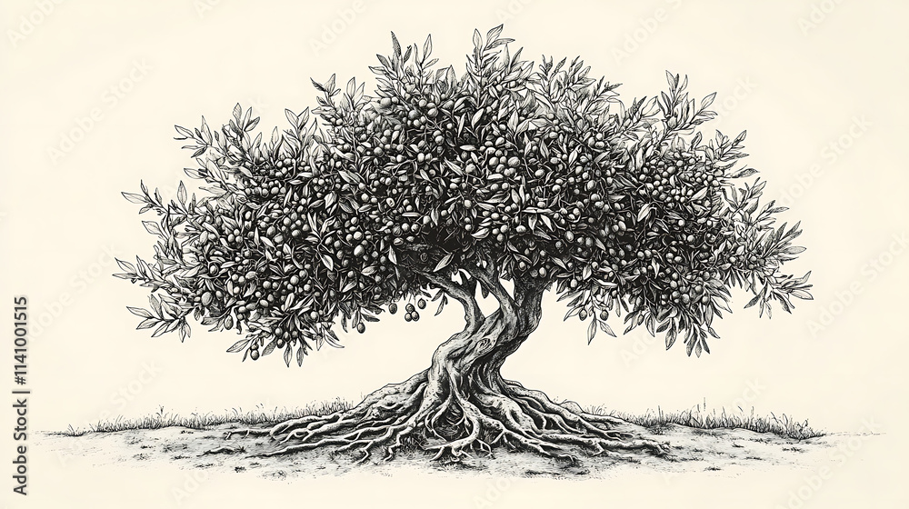 Poster olive tree full of ripe olives, set in a serene landscape with intricate root system and foliage ske
