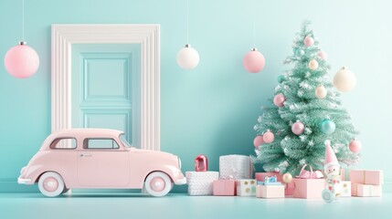 Festive 1950s-style Christmas scene with pastel decorations and vintage toys under a tree.