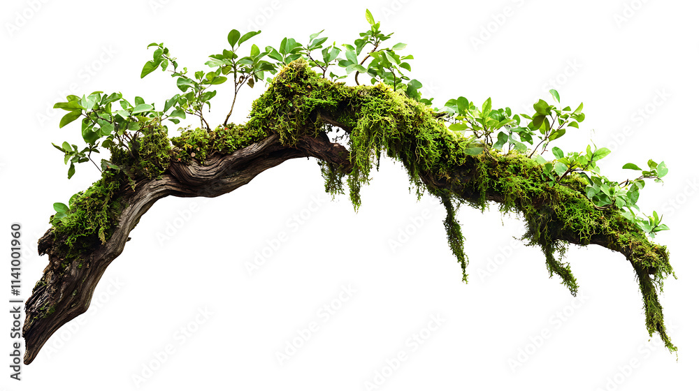 Poster one single green tropical jungle tree branch with moss and vines isolated on white background