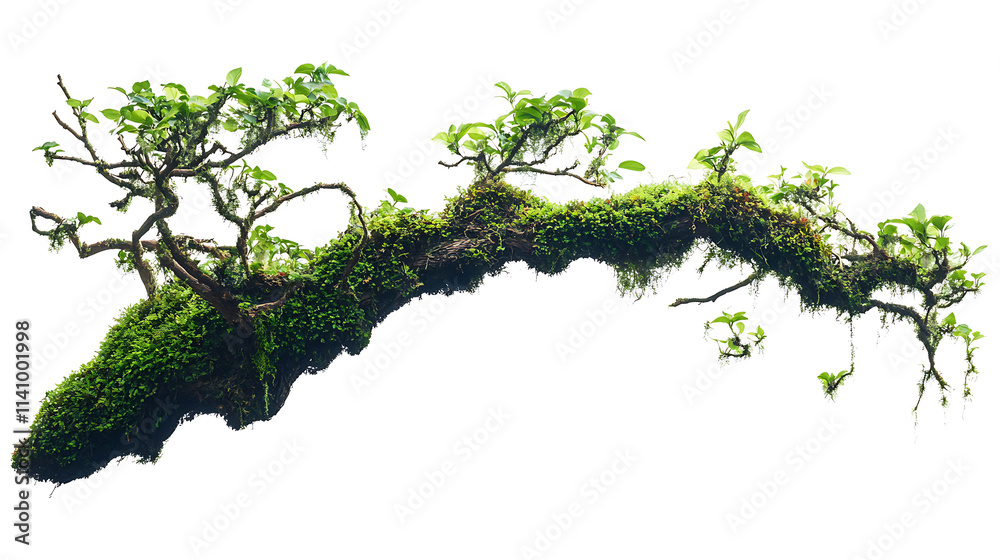 Poster one single green tropical jungle tree branch with moss and vines isolated on white background
